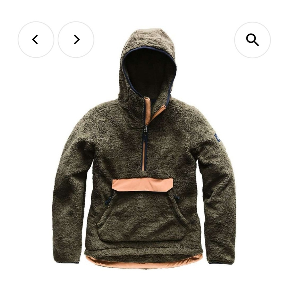 The North Face Olive Green Sherpa Hoodie with Tan Accent